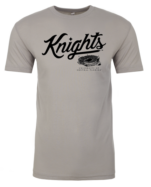 Front of light grey t-shirt with Knights and University of Central Florida and illustration of the UCF Football stadium.