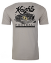 Back of light grey t-shirt with Knights and Football, Once a Knight, Always a Knight, and illustration of the UCF Football stadium.