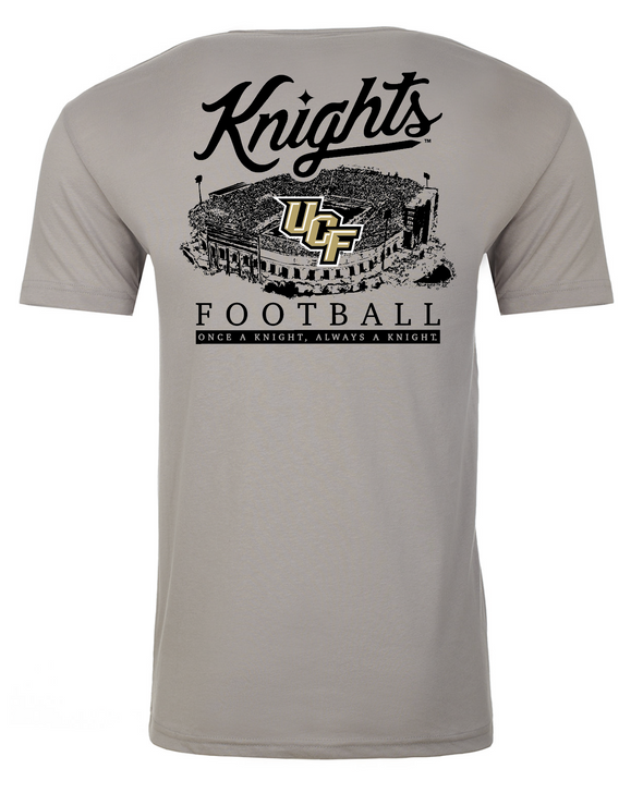 Back of light grey t-shirt with Knights and Football, Once a Knight, Always a Knight, and illustration of the UCF Football stadium.