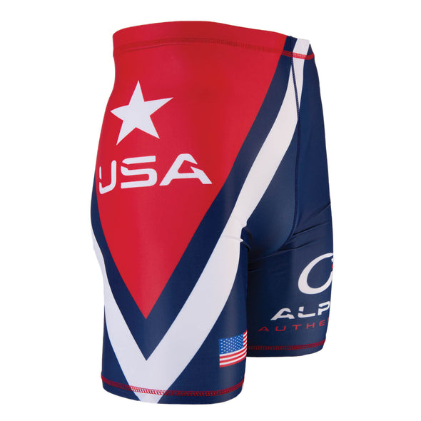 Side of red, white and blue compression shorts with star and USA.
