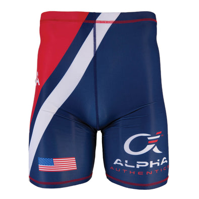 Red, white and blue USA compression shorts with USA flag and Alpha Authentics logo.