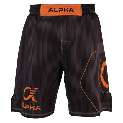 Front of orange and black fighter shorts used for wrestling, thin vertical strips, large hexagon design on left leg, Alpha Authentics logo on right leg.