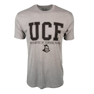 Front of athletic heather short sleeve t-shirt with UCF block letters and University of Central Florida.