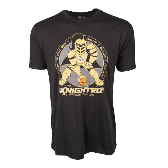 Front of black UCF short sleeve t-shirt with Knightro as football player at center position.