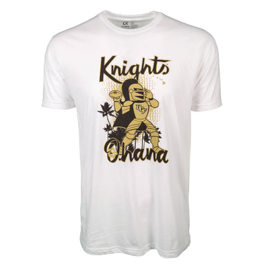Front of white short sleeve t-shirt with Knightro as Quarterback with text Knights and Ohana.