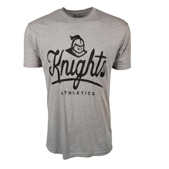 Front of athletic heather short sleeve t-shirt with Knights Athletics and Knightro logo.