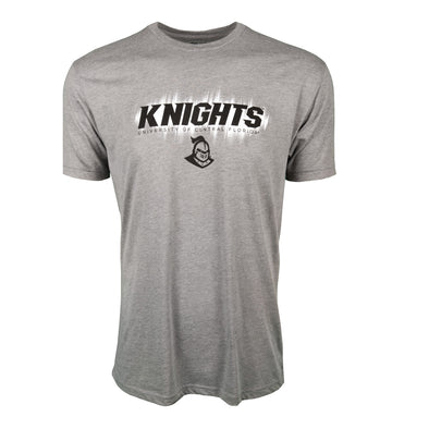 Front of athletic heather short sleeve t-shirt with Knights and University of Central Florida.