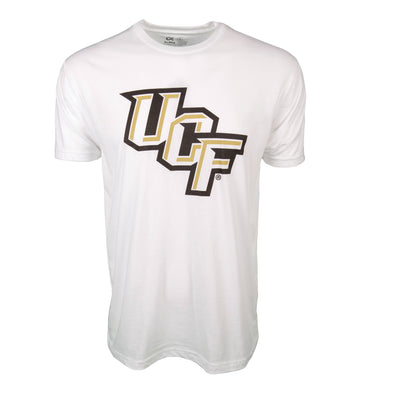 Front of white short sleeve t-shirt with UCF logo.