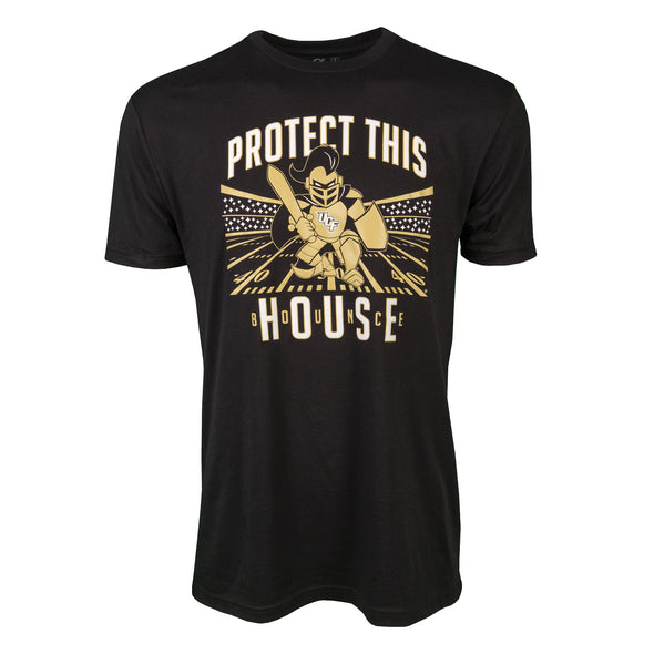 Front of black short sleeve t-shirt with UCF Knightro kneeling on football field Protect this Bounce House
