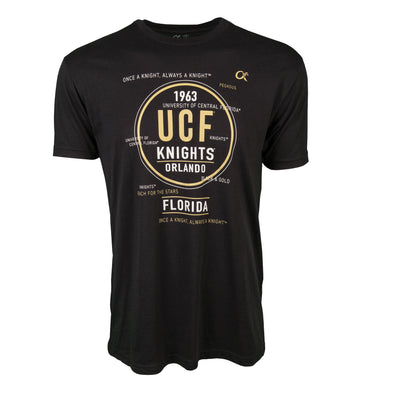 Front of black short sleeve t-shirt with text design, UCF, Knights, Orlando, Once a Knight, Always a Knight, 1963, Reach for the Stars.