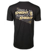 Back of black short sleeve t-shirt with Once a Knight, Always a Knight and the official Knightro logo, since 1963 and University of Central Florida.