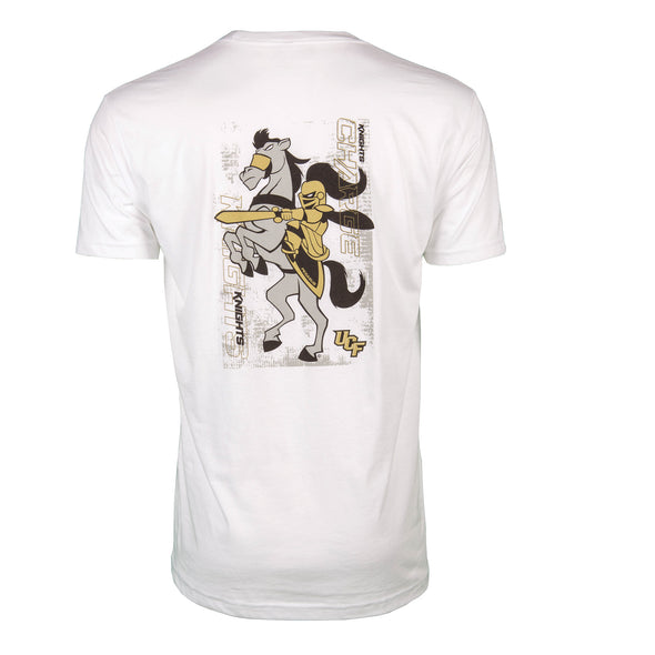 Back of white short sleeve t-shirt with illustration of Knightro and Pegasus.