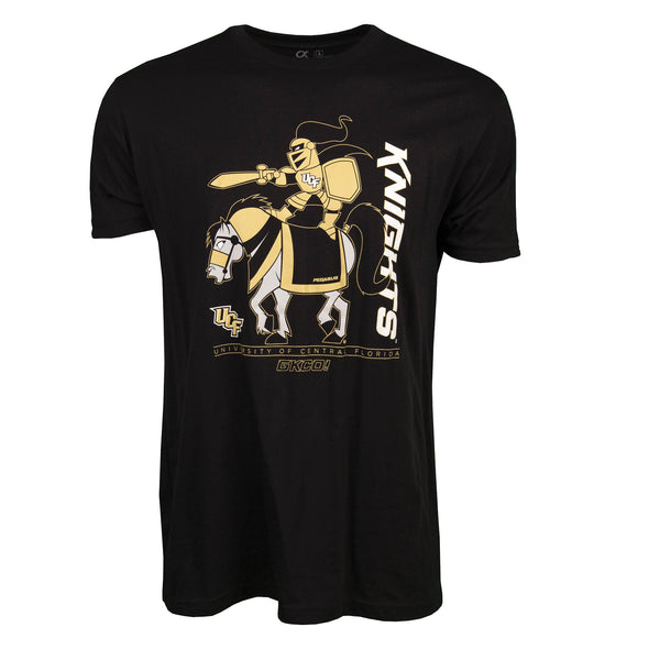 Front of short sleeve black t-shirt with Knightro™ on horse with KNIGHTS.