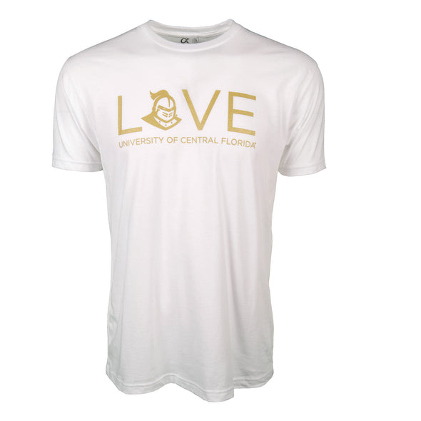 Front of white short sleeve t-shirt with LOVE and University of Central Florida with Knightro logo.