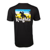 Back of black short sleeve t-shirt with illustration of knight statue located at the Bounce House stadium with the words KNIGHTS and University of Central Florida.