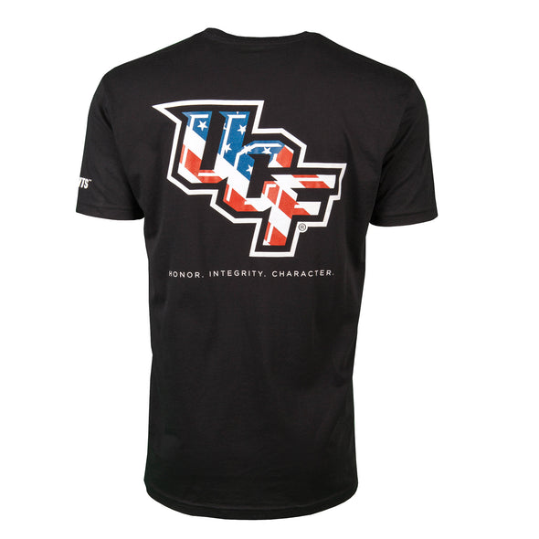 Front of black short sleeve t-shirt with stars and stripes in UCF logo and Honor, Integrity and Character printing.