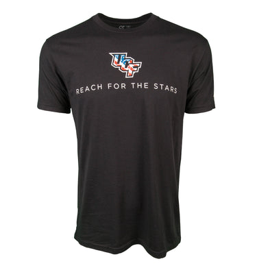 Front of black short sleeve t-shirt with stars and stripes in UCF logo and Reach for the Stars printing.