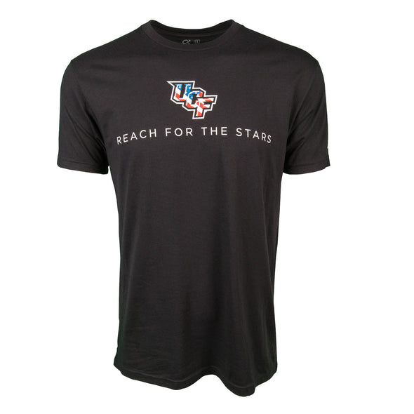Front of black short sleeve t-shirt with stars and stripes in UCF logo and Reach for the Stars printing.